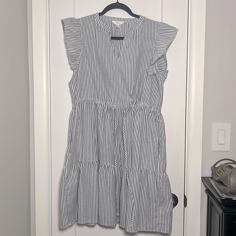 Blue & white striped boho cap sleeve dress with pockets. Like new!